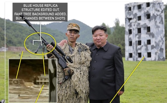 A model of the Blue House (bottom left) made by North Korea for training purposes, and a news photo of Kim Jong Un, General Secretary of the Workers\' Party, where this has been hidden / Captured by NK News