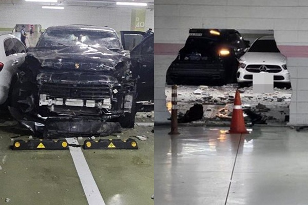 한 포르쉐 차량이 주차장 벽을 뚫고 나가는 사고가 발생한 가운데, 현장의 모습이 