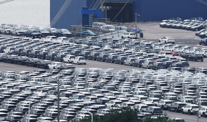 경기도 평택항에 수출용 자동차가 세워져 있다