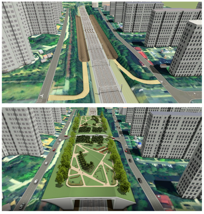 도심 철도운행구간 복개 시공 전(위)과 후