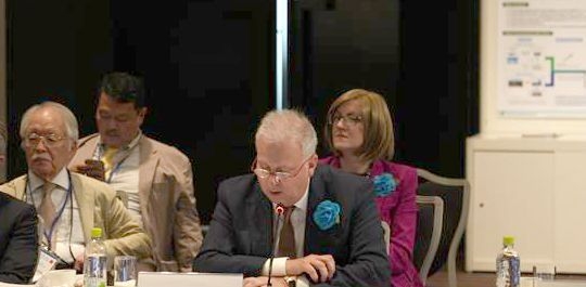 켄 라미레즈 현대차그룹 에너지&수소사업본부 부사장이 15일 일본 오사카 힐튼호텔에서 열린 제7차 수소장관 에너지회의와 제1차 지속가능연료 장관회의에 참석해 발언을 하고 있다.