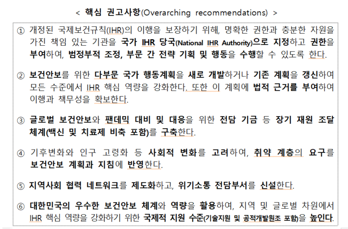 WHO 주관 제2차 합동외부평가에 따른 핵심 권고사항(자료=질병관리청)