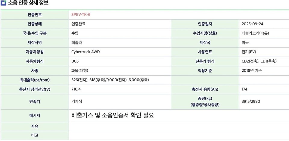 테슬라 사이버 트럭 환경부 인증결과