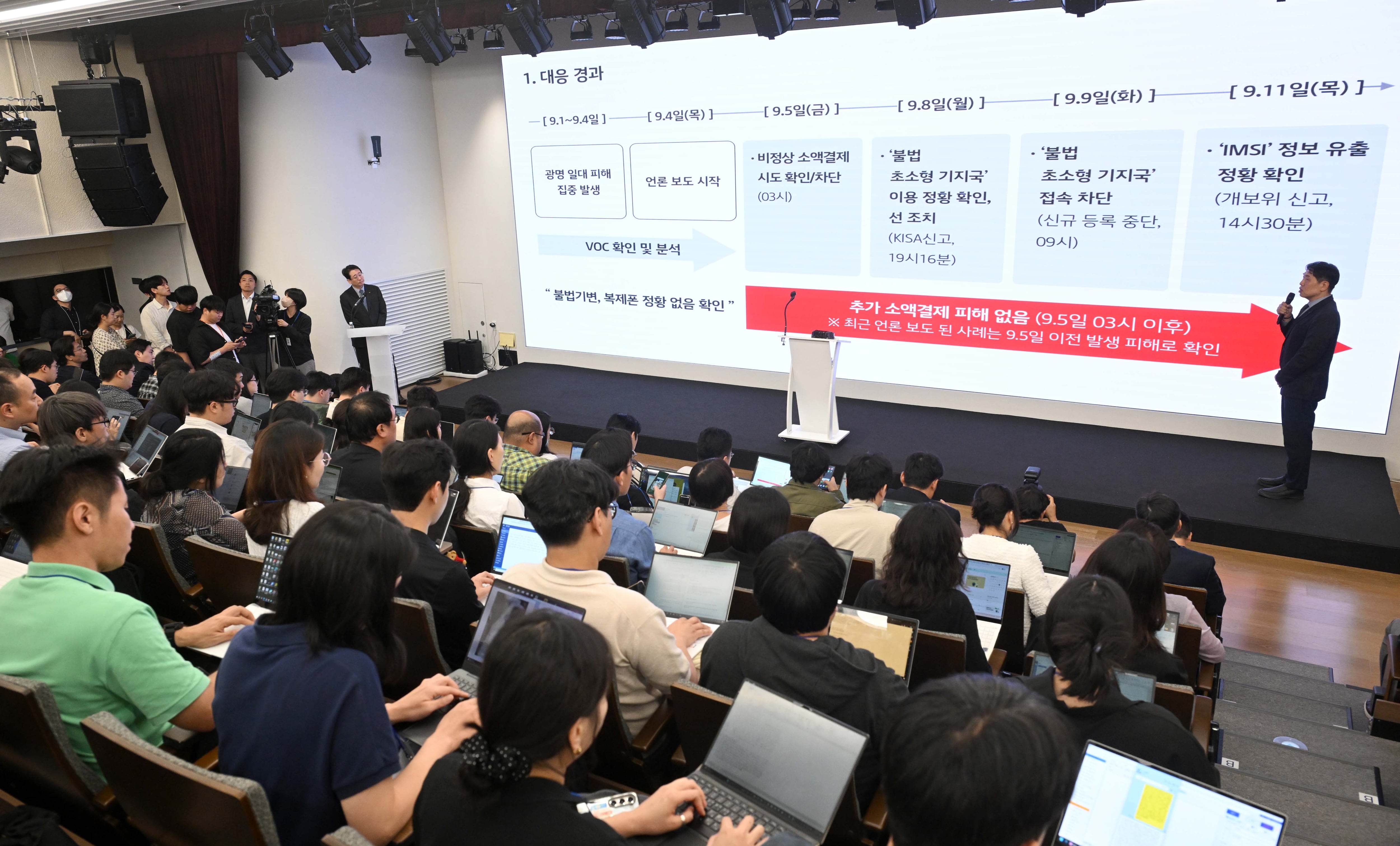 구재형 KT 네크워크기술본부장이 11일 서울 종로구 KT 광화문빌딩 웨스트 사옥에서 열린 소액결제 피해 관련 기자 브리핑에서 보안조치 강화에 대한 발표를 하고 있다./뉴스1