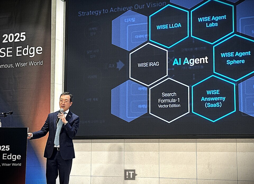 강용성 와이즈넛 대표가 17일 서울 양재 엘타워에서 열린 ‘2025 WISE EDGE’ 세미나에서 자사 AI 에이전트 제품 라인업을 소개하고 있다. / 김경아 기자