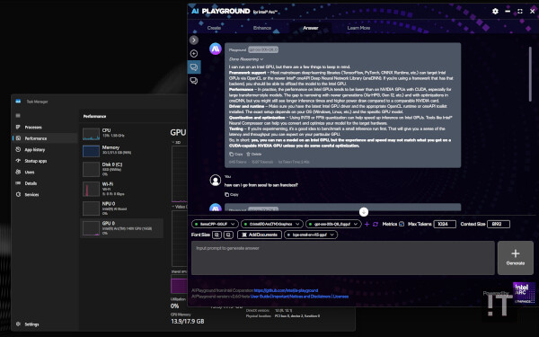 인텔 코어 울트라 258V 프로세서와 32GB 메모리가 탑재된 환경에서 ‘AI 플레이그라운드’로 ‘gpt-oss 20B’ 모델 구동 모습 / 권용만 기자