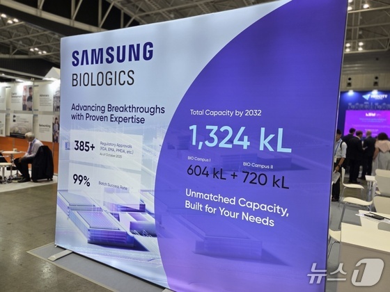  Samsung Biologics has projected the main achievements on a wall of the booth at \'Bio Japan 2025\' Yokohama / News 1