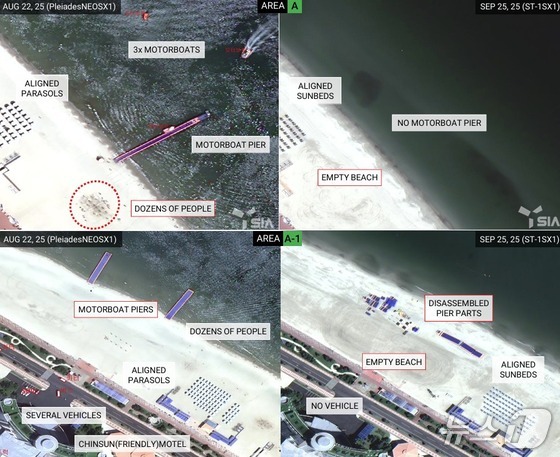  Satellite imagery of the Wonsan Kalma Coastal Tourist Zone analyzed by SIA. As recently as August 22, numerous tourists were visible along the beach, but as of September 25, the beach appears completely deserted / Capture from SIA Report