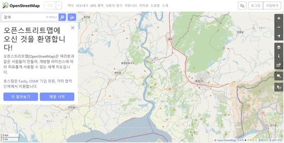 The lower reaches of the Ryesong River in North Korea as shown on OpenStreetMap (OSM) / Capture from OSM 