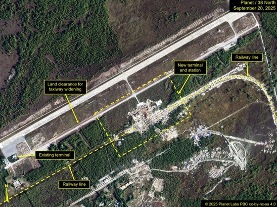  According to 38 North\'s analysis of satellite imagery from September 20, the terminal at Samjiyon Airport has taken shape, and supports for the new train station have been installed, the company said. Work is also underway on what will be the roadbed for the new railroad, it added.