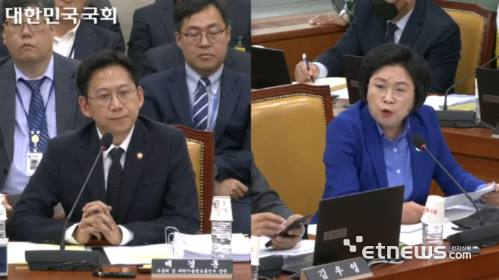 29일 국회 과학기술정보방송통신위원회 종합감사에서 배경훈 부총리 겸 과학기술정보통신부 장관(왼쪽)에 김현 더불어민주당 의원이 질의하고 있다. 국회인터넷의사중계시스템 캡처