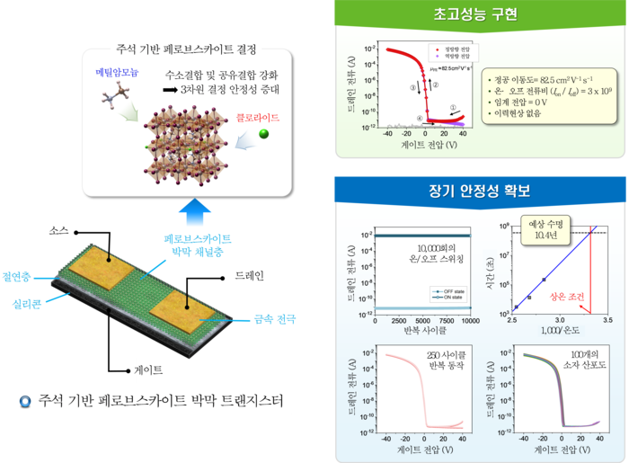 주석 기반 페로브스카이트 박막 트랜지스터 구조, 성능 및 안정성 설명도