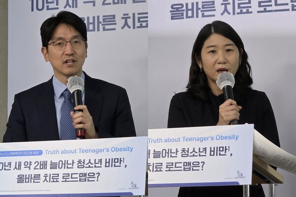 이해상 아주대학교병원 소아청소년과 교수(왼쪽)와 홍용희 순천향대학교 부천병원 소아청소년과 교수가 소아청소년 비만 인식이 의료진과 다르다며 사회적 인식 변화가 절실하다고 강조했다. / 김동명 기자