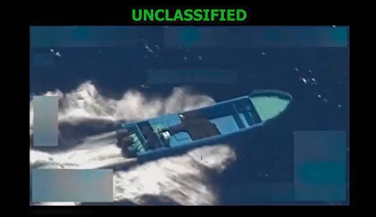 This screen grab from a video posted by US Defense Secretary Pete Hegseth on his X account on Wednesday shows what Hegseth says is US military forces conducting a strike on a vessel in the Pacific on Tuesday. (AFP-Yonhap)