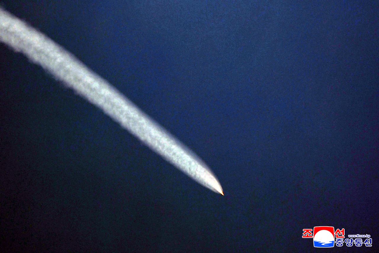 This photo from the Korean Central News Agency on Thursday, shows North Korea's missile launch the previous day. (Yonhap)
