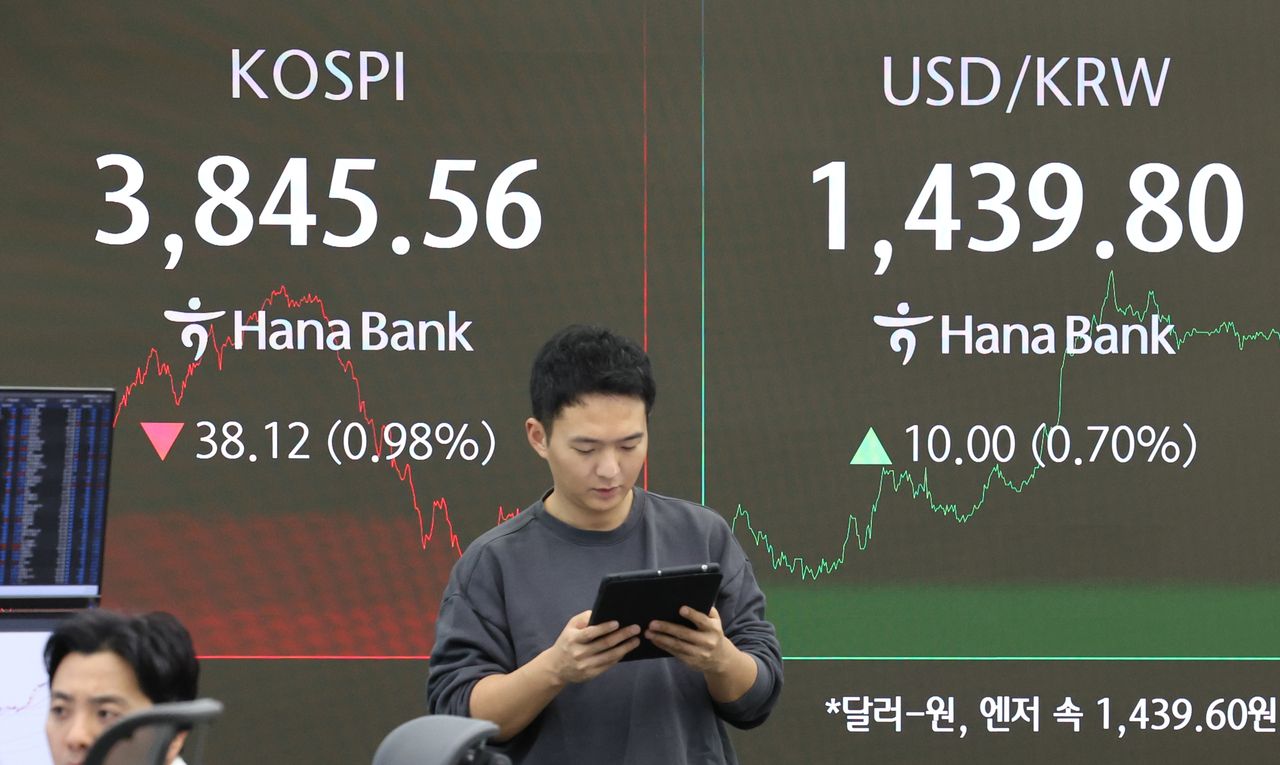An electronic board showing the Korea Composite Stock Price Index at a dealing room of the Hana Bank headquarters in Seoul on Thursday. (Yonhap)