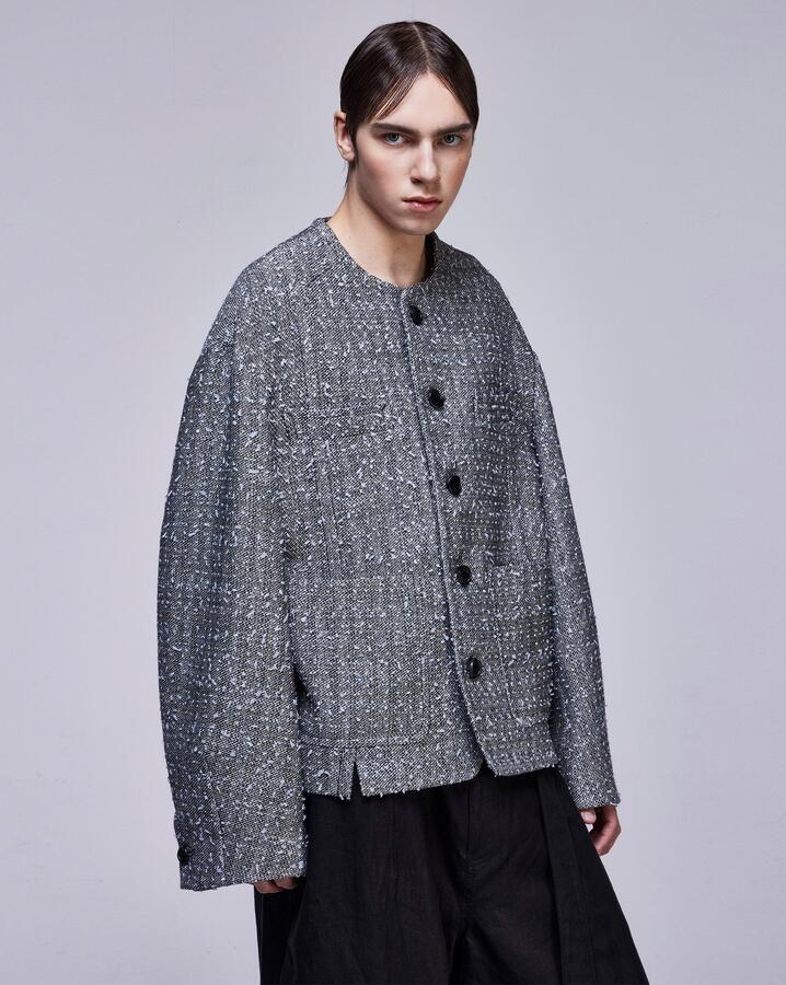 Songzio Collection Round Neck Cocoon Tweed Jacket Melange Gray