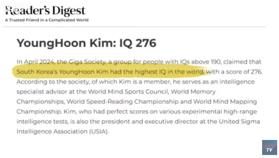  Acknowledgement of World\'s Highest IQ Record of Young Hoon Kim on Reader\'s Digest / Courtesy of Arirang TV Korea