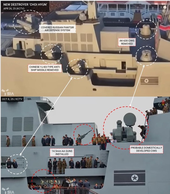 North Korea\'s 5,000-ton destroyer, the Choe Hyon, has been equipped with outdated machine guns / Capture from SI Analytics\' report