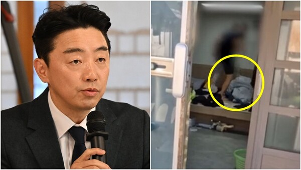 강훈식 대통령비서실장(왼), 7급 공무원이 이불 속 환경미화원을 밟고 있는 모습(오). ⓒ뉴스1, MBC 뉴스 