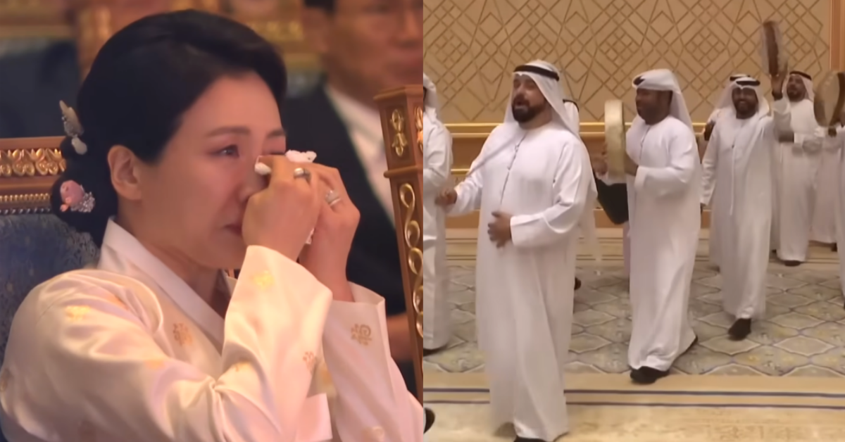 소프라노 조수미의 ‘그리운 금강산’을 듣고 눈물을 흘리는 김혜경 여사, UAE는 영부인의 고향을 고려해 ‘울고 넘는 박달재’를 선곡했다. ⓒ유튜브 채널 ‘엠키타카 MKTK’