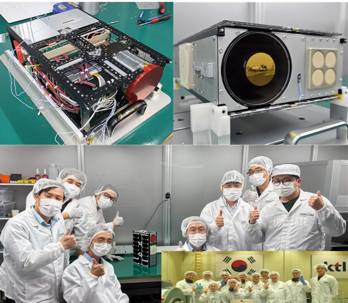 한컴인스페이스의 '세종 4호' 위성(위)과 개발진 모습