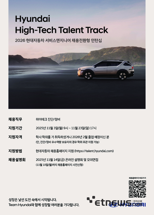 현대자동차가 서비스엔지니어 인재 발굴을 위한 채용전환형 인턴십 프로그램 '하이테크 탤런트 트랙(High-Tech Talent Track)' 지원자를 모집한다.