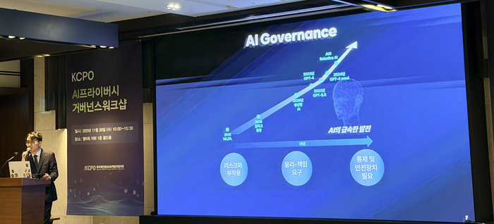 차호범 SK텔레콤 최고개인정보보호책임자(CPO)이  26일 한국개인정보보호책임자협의회(KCPO)가 개최한 'AI 프라이버시 거버넌스 워크샵'에서 자사의 AI 거버넌스 체계를 소개하고 있다.