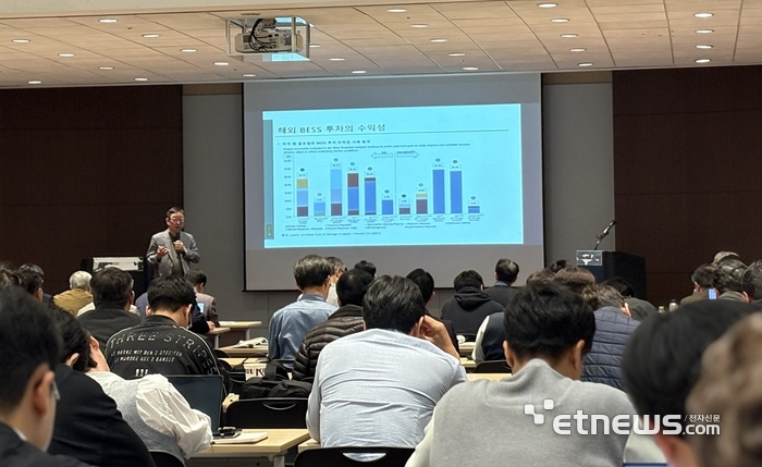 2026년 대한전기학회 회장을 맡은 박종배 건국대 교수 한국ESS산업진흥회가 주최한 'AI 시대의 분산에너지 및 ESS 사업화 방안 세미나'에서 발표하고 있다.