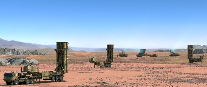 L-SAM 발사대와 L-SAM 다기능 레이다가 배치된 모습. 한화에어로스페이스