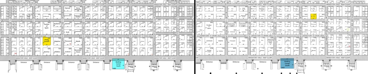 RSAC 2025 부스맵(왼쪽)과 RSAC 2026 부스맵. 노란색 표시가 한국관 위치다.