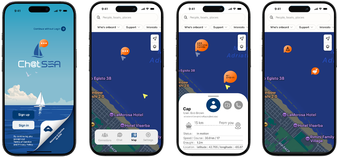 에이브노틱스는 도로에서 네비게이션 교통안전 서비스를 이용하는 것처럼 바다에서도 항해 안전 서비스가 필요하다는 인식 하에 해양사고를 줄이고 선박 운항의 안전성과 효율성을 높이는 차세대 해양 상황 인식 플랫폼 ‘코나(CON.AR)’와 챗씨(Ch@tSea)를 개발해 제공하고 있다. / 에이브노틱스