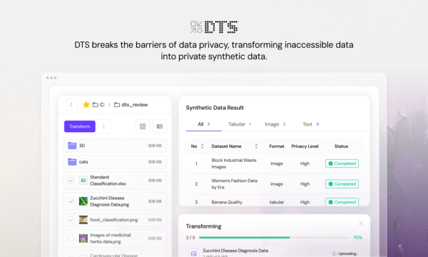 DTS는 멀티모달·도메인리스 합성데이터 생성 기술로 원본 데이터에 접근하지 않고도 표·텍스트·이미지·시계열 데이터를 포함한 다양한 유형의 고품질 합성 데이터를 생성한다. / 큐빅