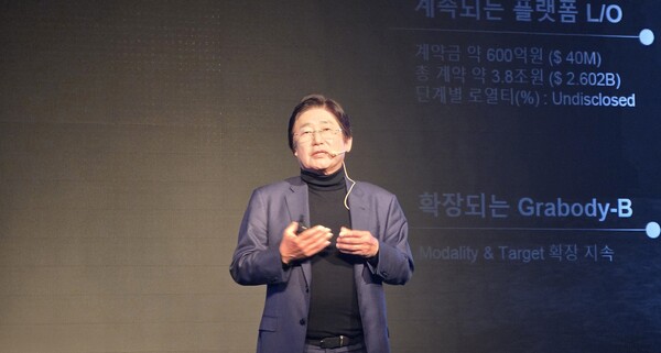 이상훈 에이비엘바이오 대표가 17일 광화문 포시즌스 호텔에서 열린 기업간담회에서 일라이 릴리와의 계약에 대한 의미를 설명하고 있다. / 김동명 기자