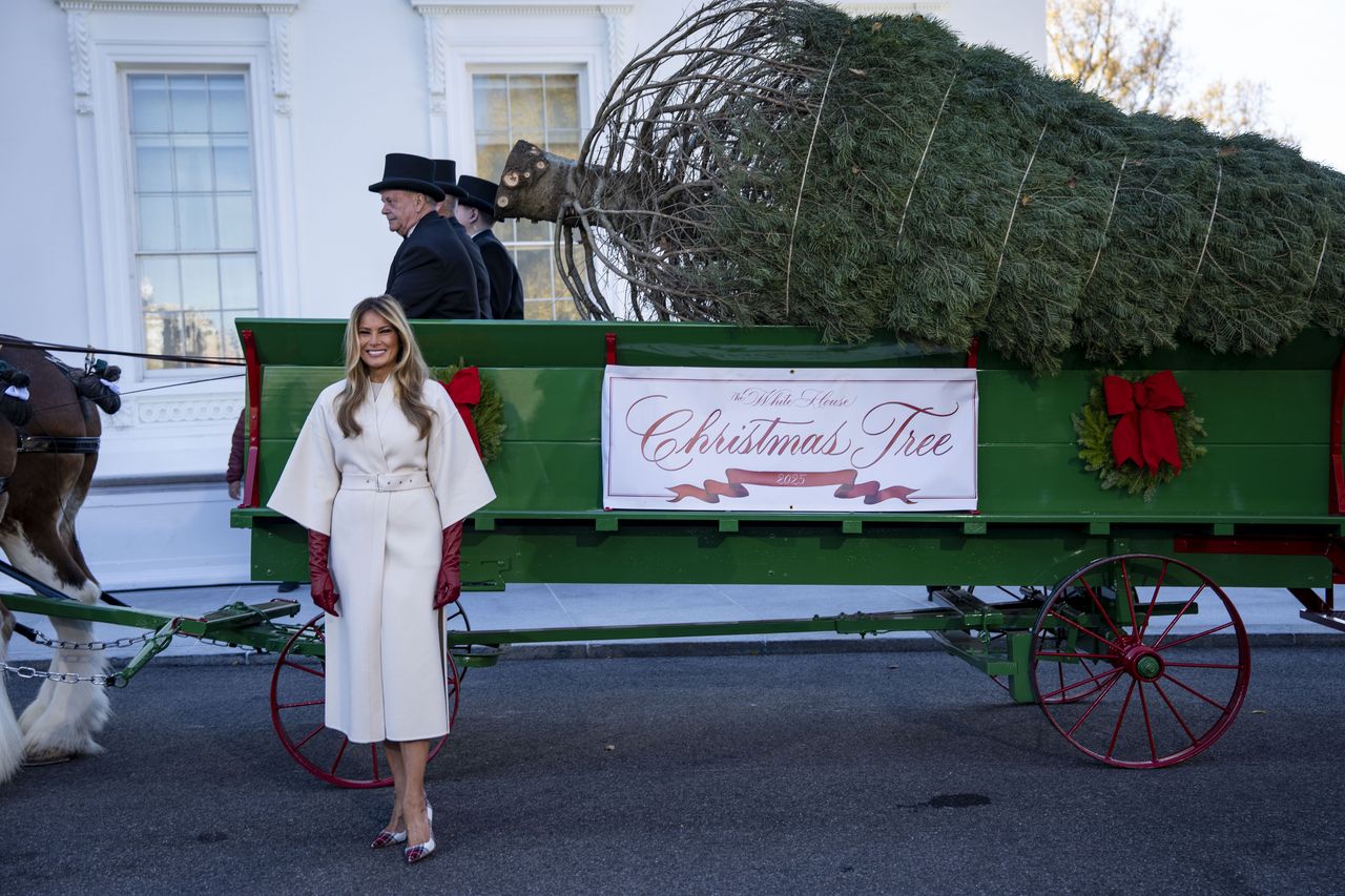 Melania Trump welcomes the official 2025 White House Christmas Tree outside the White House on Monday. UPI-Yonhap
