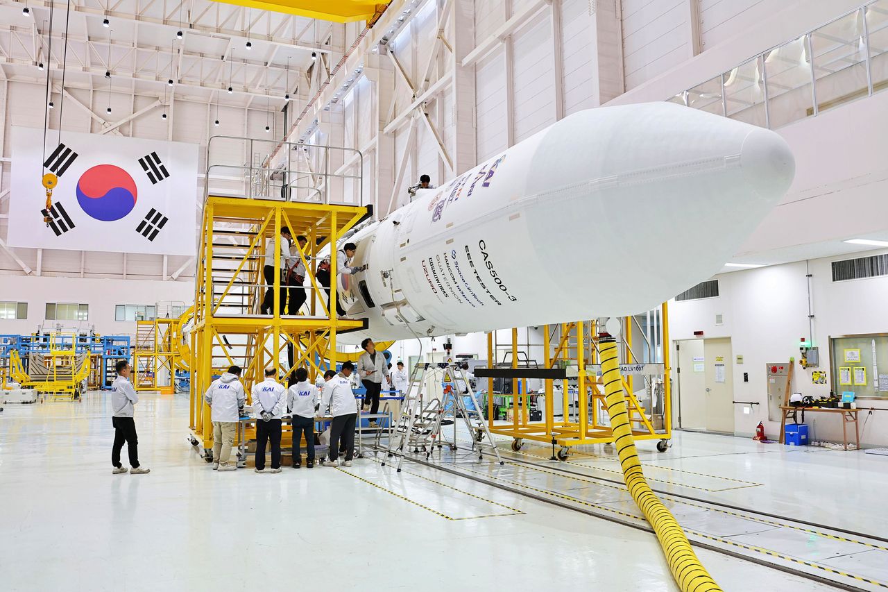 This photo, provided by the Korea Aerospace Research Institute, shows the Nuri space rocket at the assembly building of the Naro Space Center in Goheung, some 330 km south of Seoul, on Tuesday.