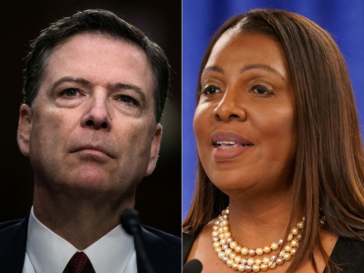 Former FBI director James Comey (left) and New York Attorney General Letitia James (AFP-Yonhap)