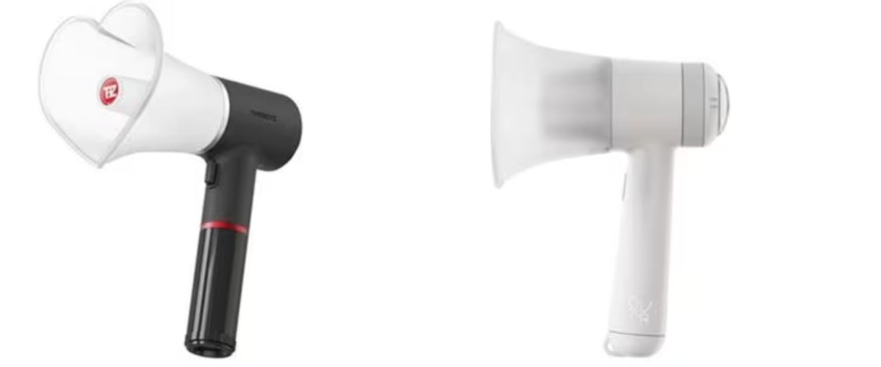 Light sticks of The Boyz (left) and QWER, which have similar megaphone designs (Screen capture from X)