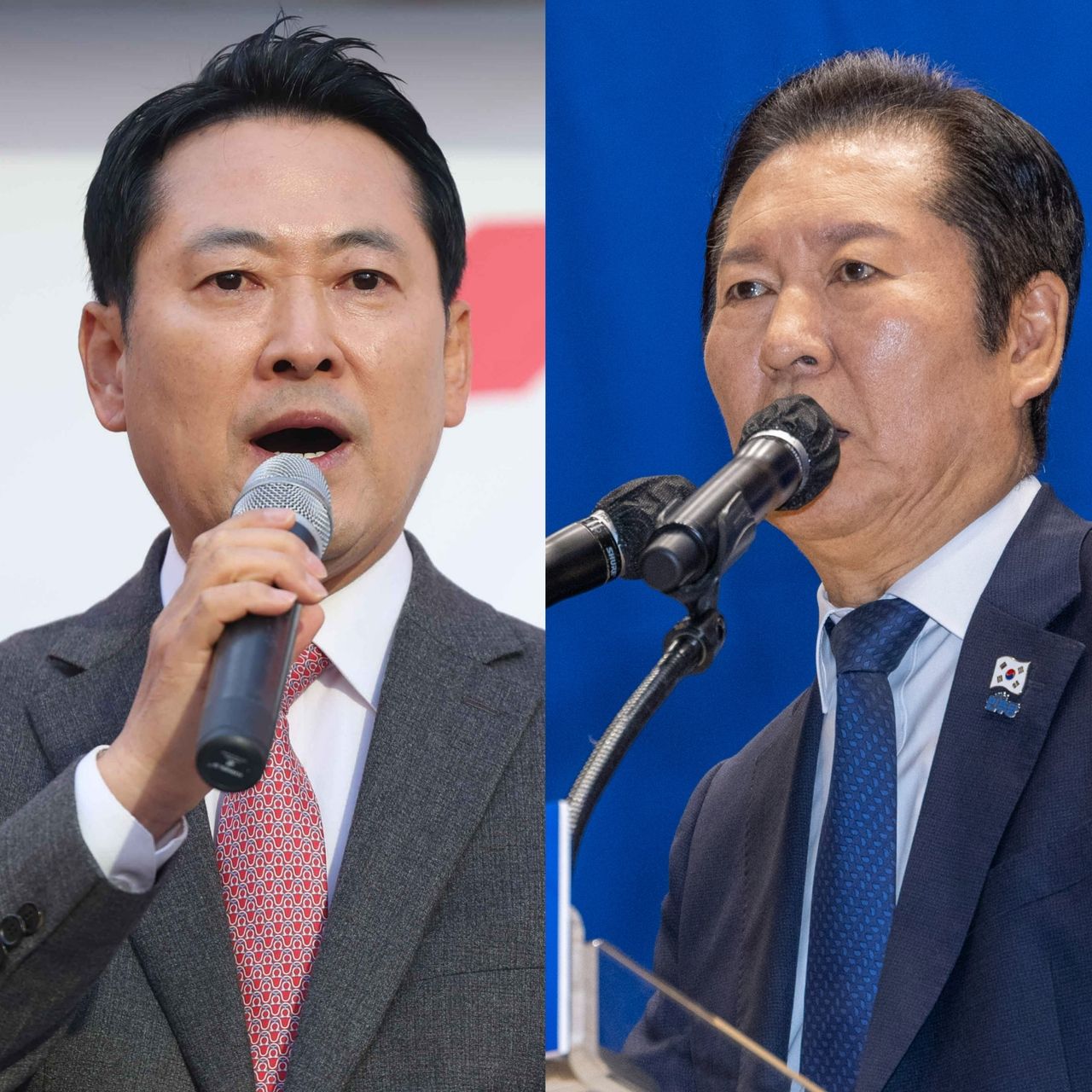 Rep. Jang Dong-hyeok (left), leader of the main opposition People Power Party, speaks at the party’s “National Rally for Restoring Livelihoods and Defending the Rule of Law” in Changwon, South Gyeongsang Province, on Sunday. Rep. Jung Chung-rae, leader of the ruling Democratic Party of Korea, delivers congratulatory remarks at the launch event of the party’s Seoul chapter “Ten-Million Dreams Listening Forum” at the National Assembly in Seoul on Tuesday. (Yonhap photos, combined by The Korea Herald)