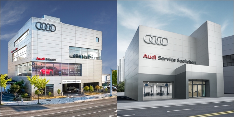 아우디코리아와 파트너 딜러사들은 올해 전시장과 서비스센터 증설에 힘썼다. 사진은 아이언오토 아우디 울산전시장·서비스센터(왼쪽)와 태안모터스 아우디 서울 석촌서비스센터. / 아우디코리아
