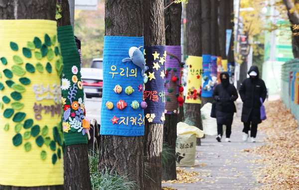[북쪽 찬 공기에 기온 뚝]. 북쪽에서 찬 공기가 유입되며 추위가 찾아온 17일 경기도 광명시의 한 거리에서 두꺼운 옷차림의 시민들이 뜨개옷 입은 가로수길을 걷고 있다. /연합뉴스