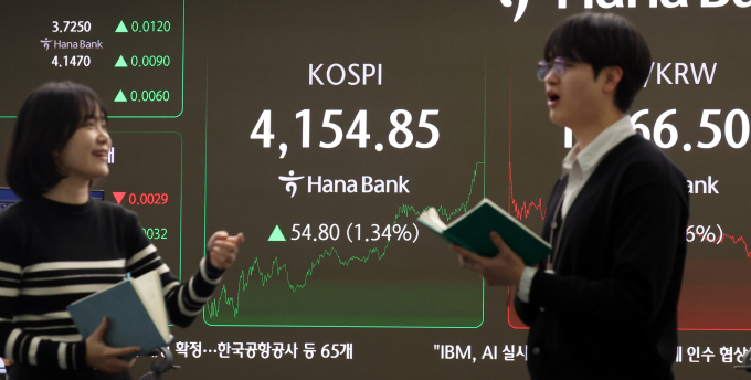 코스피가 9일 장 초반 전 거래일 보다 하락세인 반면 코스닥은 소폭 상승세다. 사진은 지난 9일 오후 서울 중구 하나은행 딜링룸의 마감 시황. /사진=뉴스1 