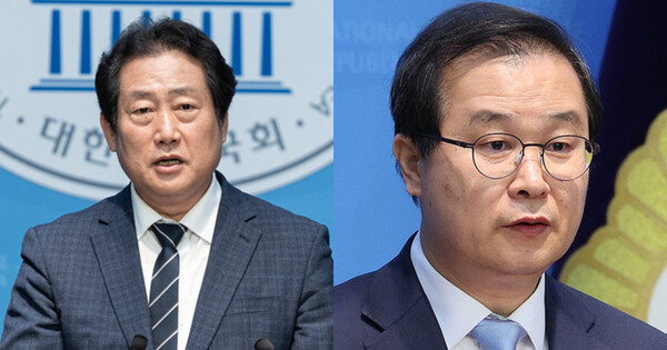 더불어민주당 최고위원 보궐선거 출마 의사를 밝힌 유동철 민주당 부산 수영구 지역위원장(왼쪽)과 이건태 의원. ⓒ뉴스1
