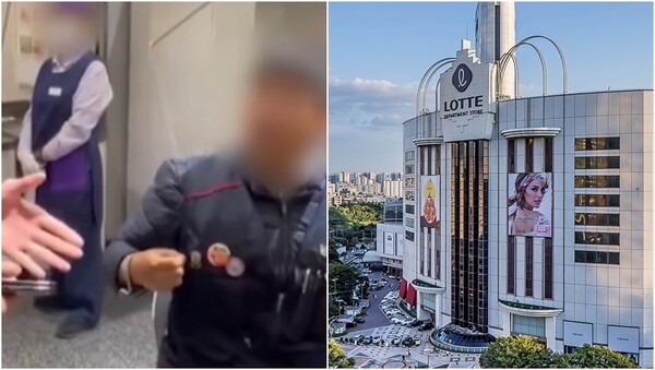 보안요원에게 항의하는 이김춘택 금속노조 거제통영고성 조선하청지회 사무장(왼), 롯데백화점 잠실점 전경(오). ⓒ뉴스1