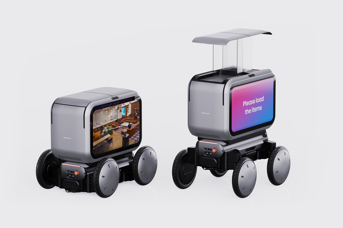 현대차·기아의 차세대 모빌리티 로봇 플랫폼 '모베드(MobED)'의 탑모듈 결합 콘셉트 모델 '모베드 딜리버리(MobED Delivery)'의 모습. (왼쪽) 디지털 사이니지를 부착한 모베드 딜리버리의 모습. (오른쪽) 물품 적재함을 열고있는 모베드 딜리버리의 모습