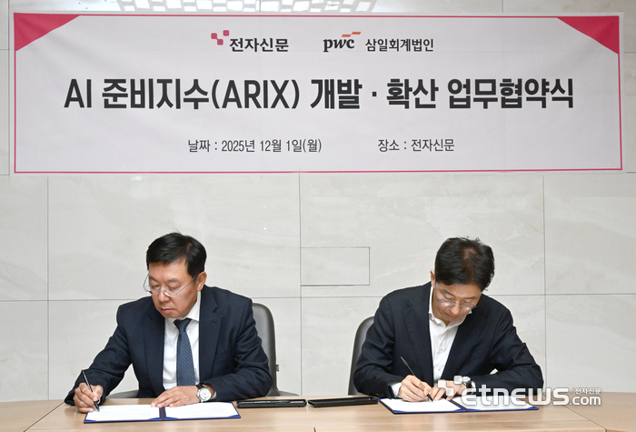 삼일회계법인과 전자신문은 1일 서울 우면동 전자신문 본사에서 ARIX(인공지능 준비 지수)기반의 공동 사업을 위한 MOU를 교환했다. 왼쪽부터 강병준 전자신문 대표, 이승환 삼일회계법인 부대표.
김동욱기자 gphoto@etnews.com