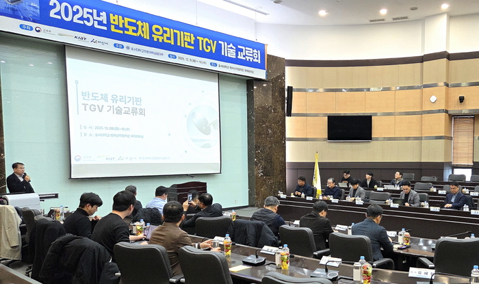 정동철 호서대 반도체특성화대학지원사업단장(맨 왼쪽)이 단상에서 TGV 기반 반도체 패키징을 설명하고 있다.