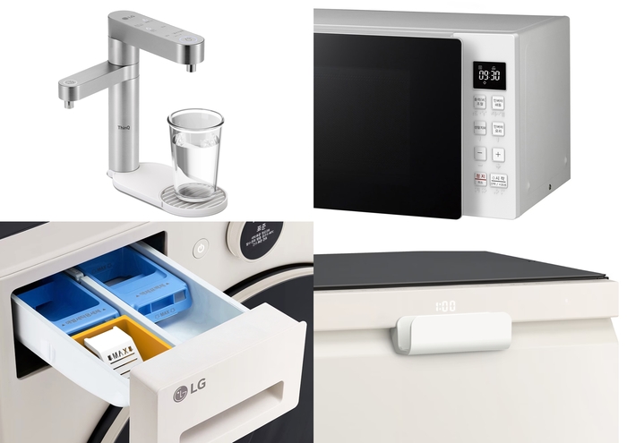 왼쪽 상단부터 시계 방향으로 정수기 이지트레이(물받침), 전자레인지 터치가이드, 식기세척기 이지핸들(도어), 세탁기 이지세제컵.