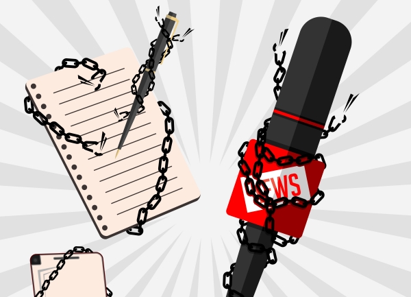 ▲쇠사슬이 펜과 마이크 등을 옭아매고 있는 모습을 표현한 일러스트레이트 이미지. 사진=Getty Images Bank