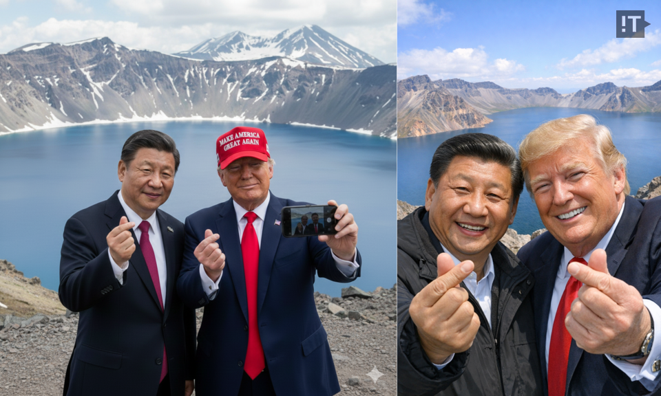 구글 제미나이(Gemini)와 오픈AI 챗GPT에서 “시진핑 중국 국가 주석과 도널드 트럼프 미국 대통령이 함께 찍은 셀피 이미지를 만들고 싶어. 배경은 백두산 천지였으면 좋겠고, 한국에서 유행하는 손하트를 하고 있는 모습이었으면 좋겠어”라는 프롬프트로 생성한 이미지 / 생성형 AI로 만든 이미지